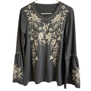 Womens Sz M Bohemian Hippie Floral Lace Embroidered Long Bell Sleeve Blouse Top